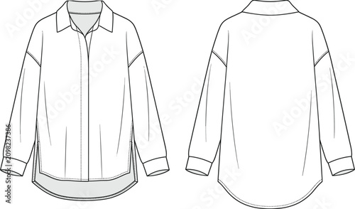 Tableau sur toile Fashion technical flat sketch of oversized button up shirt with drop shoulder an