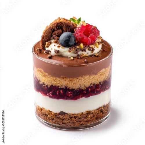 dessert of chocolate mousse berry gel and crunchy isolated on a white background
