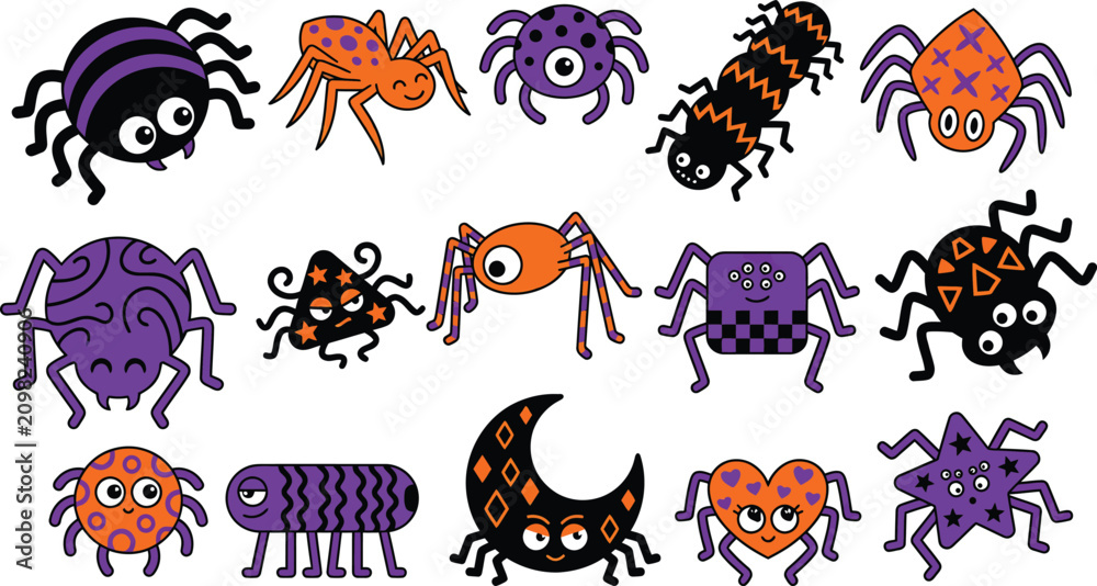 Obraz premium Colorful cartoon spiders collection for halloween decorations and kids' crafts