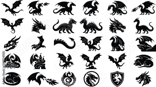 Foto Fantasy dragon silhouette collection fire breathing flying sitting roaring crest