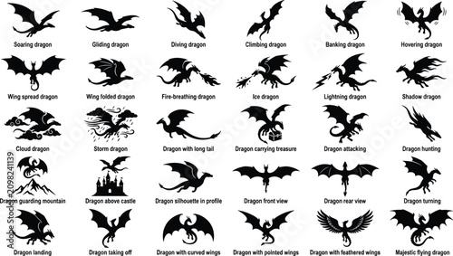 Foto Flying dragon silhouettes in motion showing soaring gliding and diving poses for