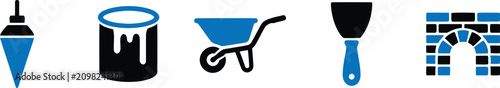 Construction tools and masonry work icon set for building renovation and home repair isolated on transparent background