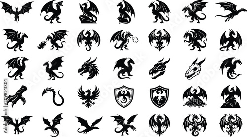 Foto Various dragon silhouettes flying standing roaring breathing fire wing tribal cr