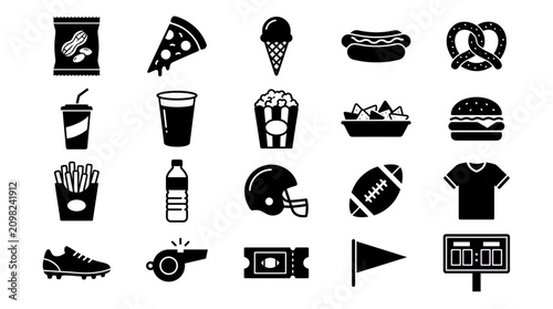 Set of American football stadium snacks and professional sport equipment flat solid icons on white background, representing game day concession menus and symbolizing athletic fan merchandise