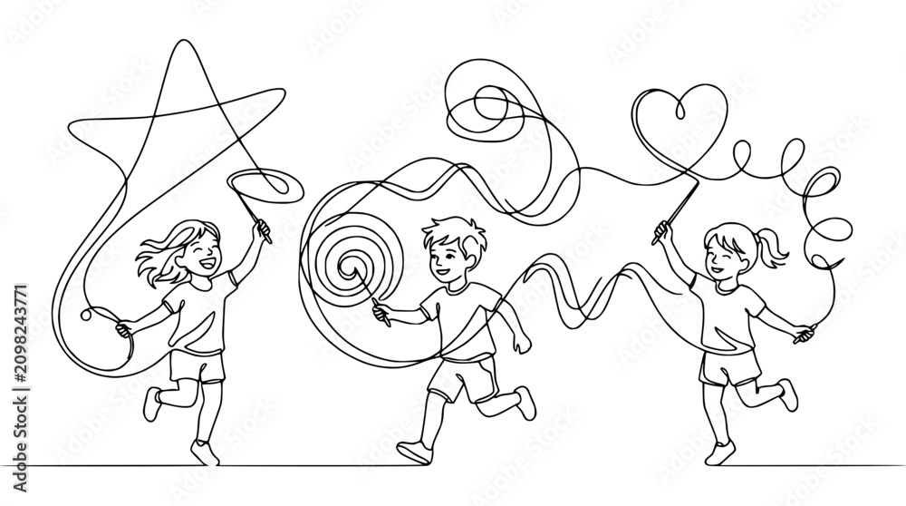 Obraz premium Children Playing with Ribbons - Line Art