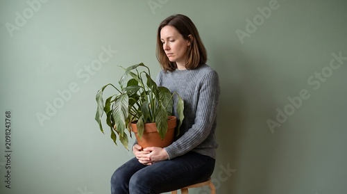 Sad woman holding a dying potted plant against green wall