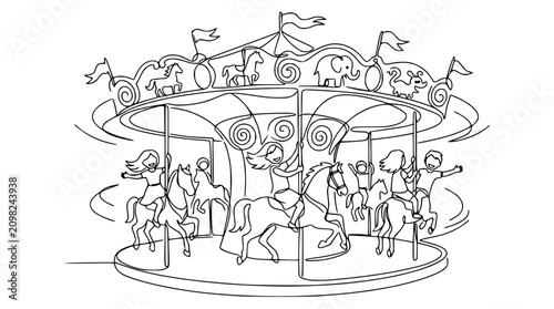 Children Riding Carousel Horses Line Art - Happy Kids Amusement Park Fun