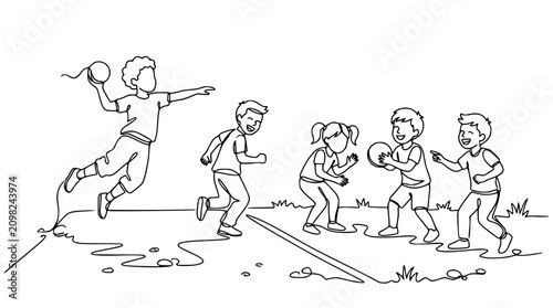 Children playing dodgeball in a park, active kids having fun outdoors, summer game illustration