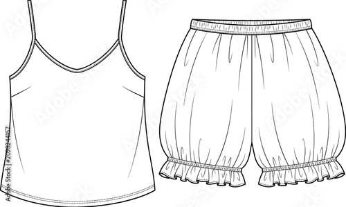 Foto Technical fashion flat sketch of women’s camisole top and ruffled bloomers pajam
