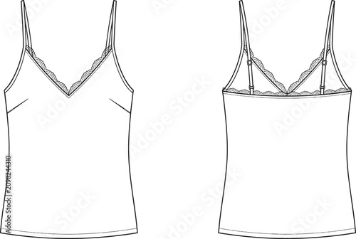 Obraz na płótnie Technical fashion flat sketch of women's lace trim camisole top for apparel desi