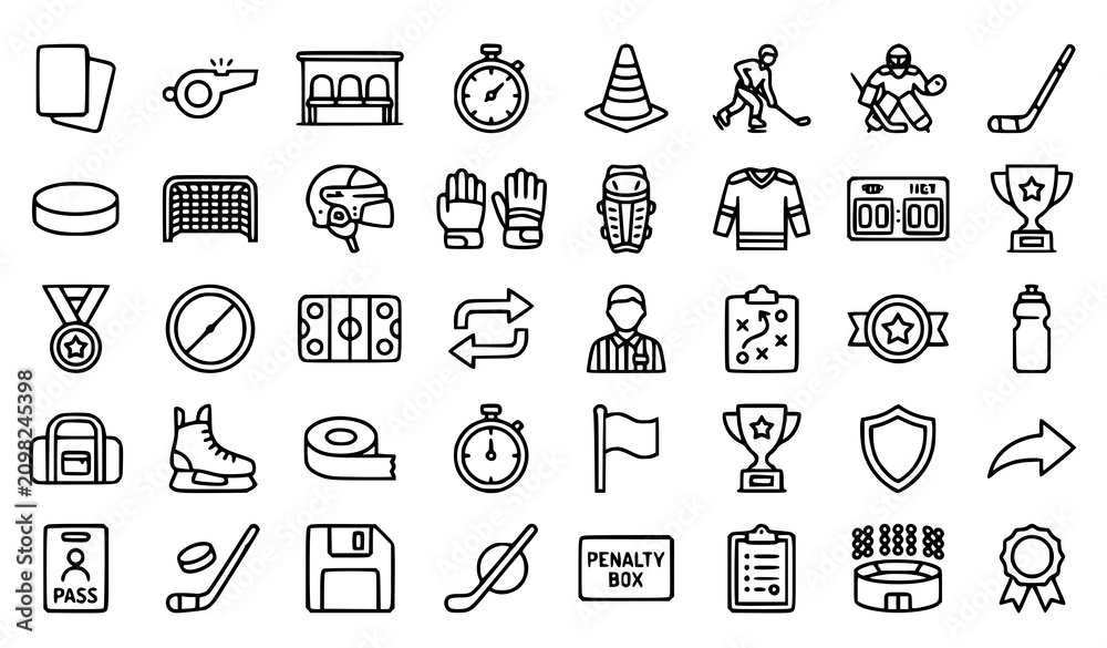 Fototapeta premium 40 Hockey Outline Web Icons Set with Player Goalkeeper Penalty Card and Sports Equipment Editable Stroke Vector