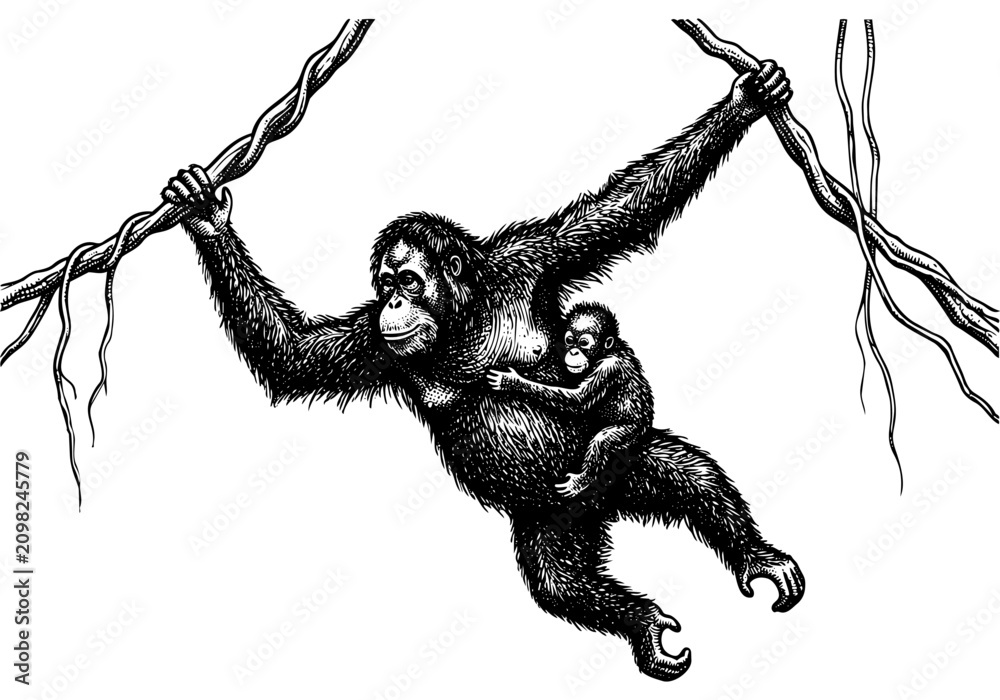 Fototapeta premium Vintage Orangutan Vector Illustration Hand Drawn Great Ape Rainforest Primate Black And White Line Art Sketch For Tropical Wildlife Nature Graphic Design