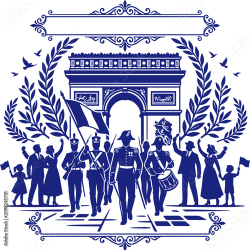 Foto Blue silhouette of soldiers marching past the arc de triomphe with cheering crow