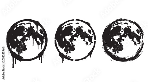 Three stylized moon featuring dripping ink and stenciled circular borders in a graffiti black and white set for applications
