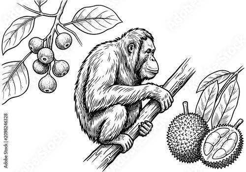 Canvas Print Vintage Orangutan Vector Illustration Hand Drawn Great Ape Rainforest Primate Bl
