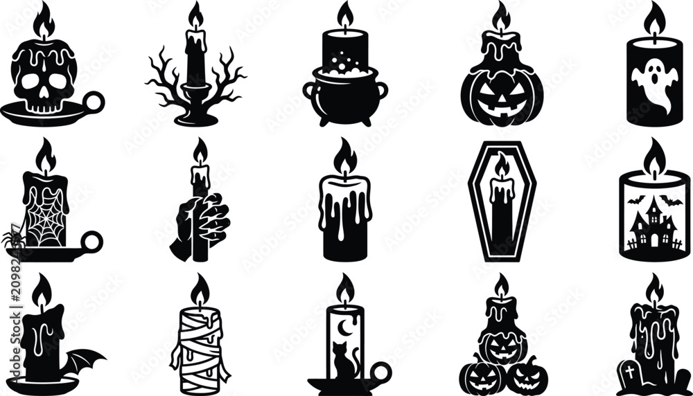 Naklejka premium Spooky halloween candle icons black silhouette designs for festive decorations and graphic projects