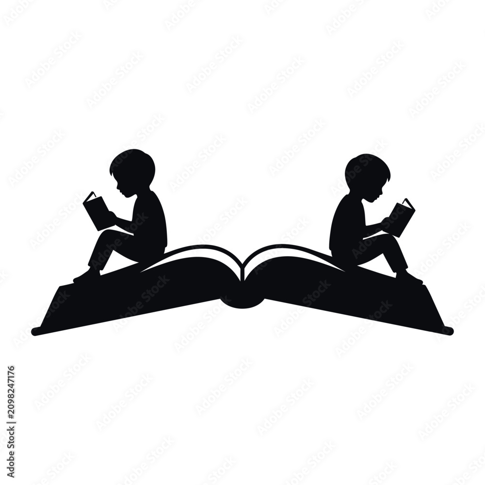 Fototapeta premium Young Readers,Children Reading Together on an Open Book Vector for International Literacy Day, World Book Day and International Day of Education
