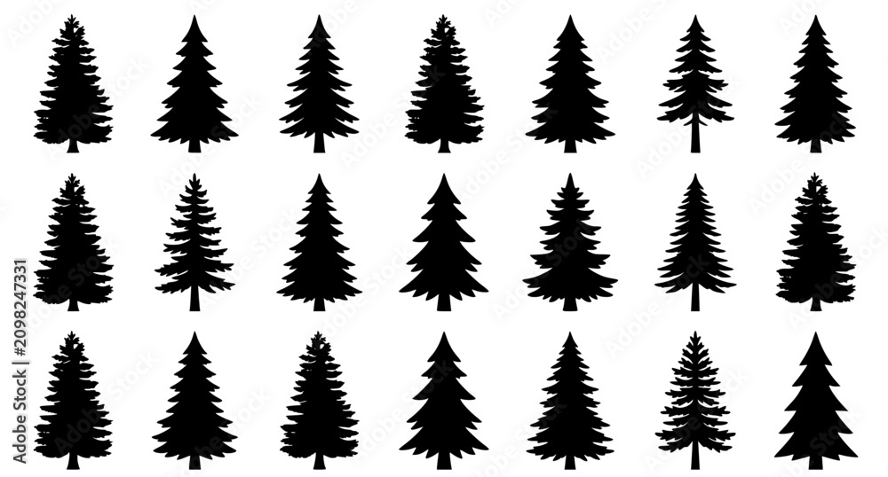 Obraz premium Minimalist Pine Tree Silhouette Vector Set with Evergreen Fir Spruce and Conifer Forest Shapes