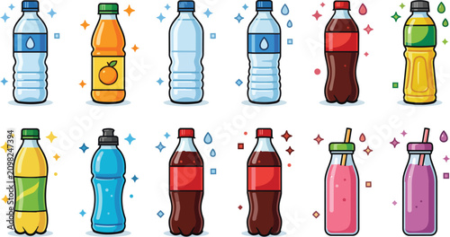 Set of colorful beverage plastic bottles in a flat vector graphic style on transparent background