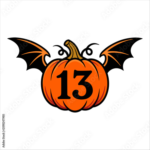 Obraz na plátně Cartoon illustration of an orange Halloween pumpkin with black bat wings and the number thirteen