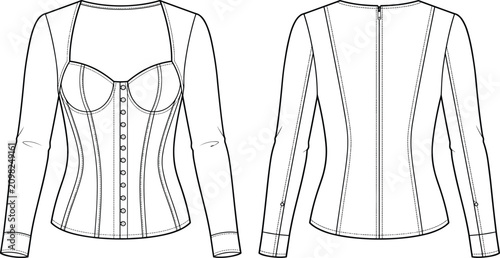 Cuadro en lienzo Technical flat sketch of a women's corset-style top with long sleeves for fashio