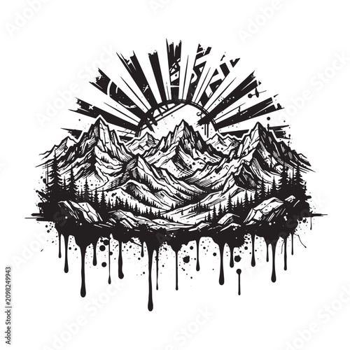 Stylized mountain range with a sunburst behind the peaks, featuring a dripping paint effect, graffiti style isolated on a white background