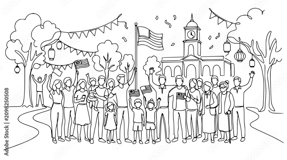 Obraz premium Diverse crowd celebrating with Malaysian flags and festive decorations, simple line art style.