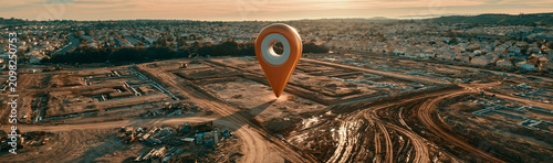 The Location Pin on a Construction Site: An aerial view showcases a bright orange location pin marking a spot on a vast, undeveloped construction site with cleared land and unfinished roads.