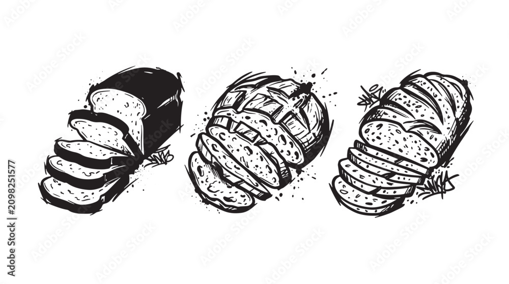 Fototapeta premium Three hand drawn graffiti black and white of sliced bread loaves, isolated on a white background, featuring bold ink lines and sketchy style