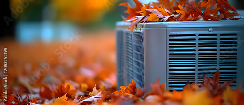 Autumn leaves resting on an air conditioning unit.