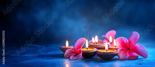 Happy�Diwali: Lighting diya oil lamps and flowers.