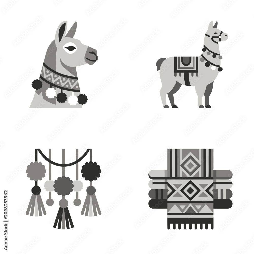 Fototapeta premium Stylized Llama with Boho Tassels and Pom Poms in Flat Design
