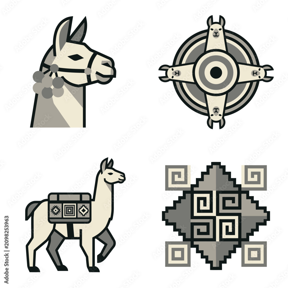 Fototapeta premium Stylized Llama Illustration with Andean Textile Patterns, Vector Art