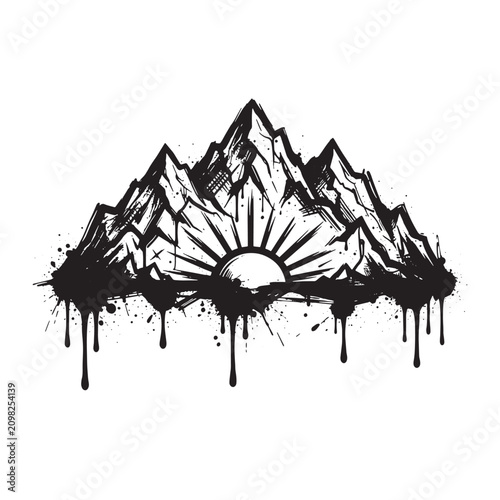 Graffiti style black and white ink of a mountain range with a rising sun and radiating light rays featuring heavy paint drip effects on a white background