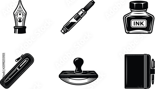 Tableau sur toile Fountain pen and calligraphy writing icon set featuring metal nib ink bottle pou