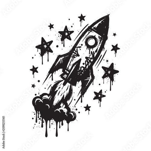 Of a space rocket blasting off with stars and dripping paint effects, graffiti style black and white isolated on a white background