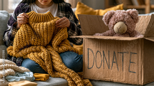 Donating Warmth: A person carefully folds a knitted sweater, preparing it for donation alongside a teddy bear in a cardboard box marked DONATE. Capturing the spirit of generosity and giving back.