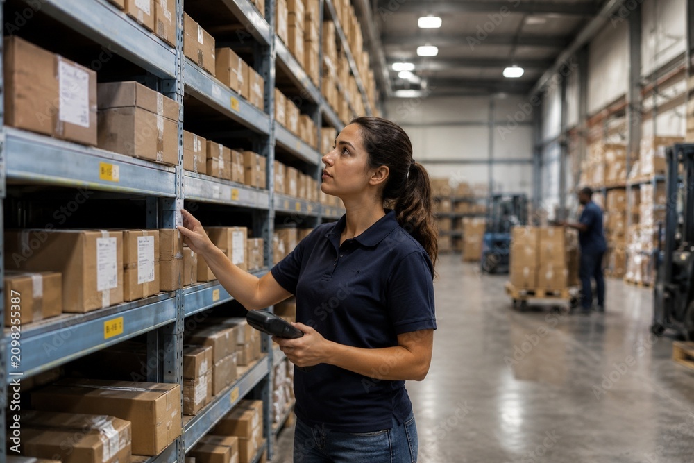 Fototapeta premium Industrial warehouse interior featuring metal shelving units, showcasing a functional logistics space.