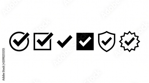 Set of five black checkmark icons inside varied shapes — circle, square, shield, starburst, plus standalone checkmark.