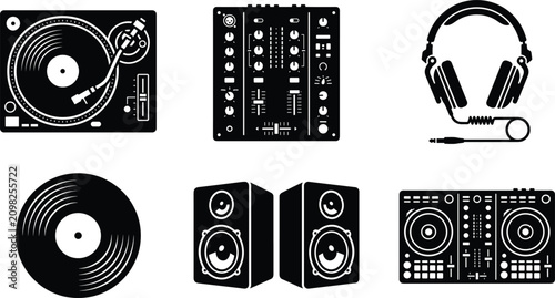 Fotografie Set of black and white DJ equipment vector icons including turntable, mixer, headphones, vinyl record, speakers, and controller isolated on white background