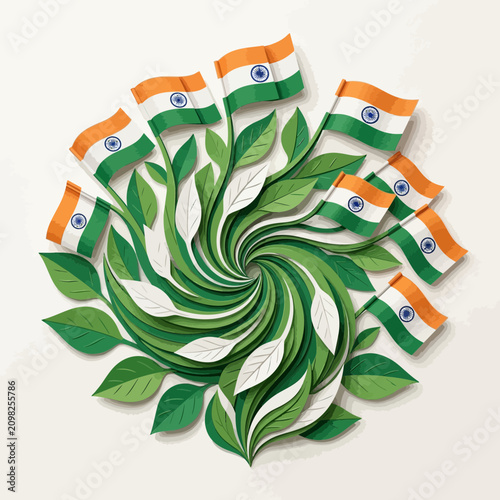 Indian flags and green leaves arranged in circular pattern, nationalistic design.