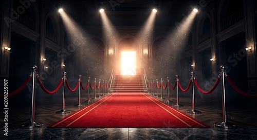 Red Carpet Event Entrance: A luxurious red carpet stretches down a grand hallway, illuminated by spotlights and flanked by velvet ropes, leading towards a brightly lit exit.