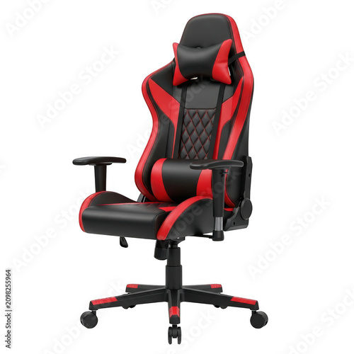 Modern black and red gaming chair for professional esports and computer office use isolated on transparent background