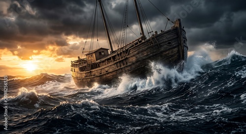 Galleon in a Stormy Sea: An old wooden galleon battles treacherous waves and dark, ominous clouds during a fierce storm at sea, with a dramatic sunset casting an eerie glow