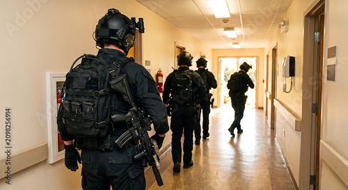 Tactical Team in Corridor: A team of heavily armed officers in tactical gear moves cautiously down a hospital corridor, their focused expressions conveying a sense of urgency and preparedness.