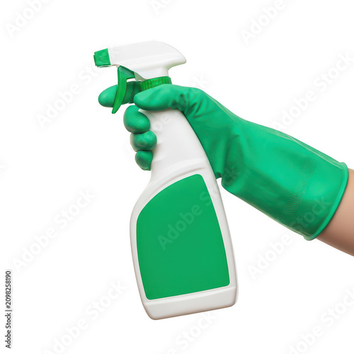 Person wearing a green rubber glove holding a plastic spray bottle for cleaning isolated on transparent background
