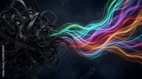 Dark tangled chaotic ribbons transforming into smooth bright colorful flowing energy lines representing creative breakthrough and mental clarity
