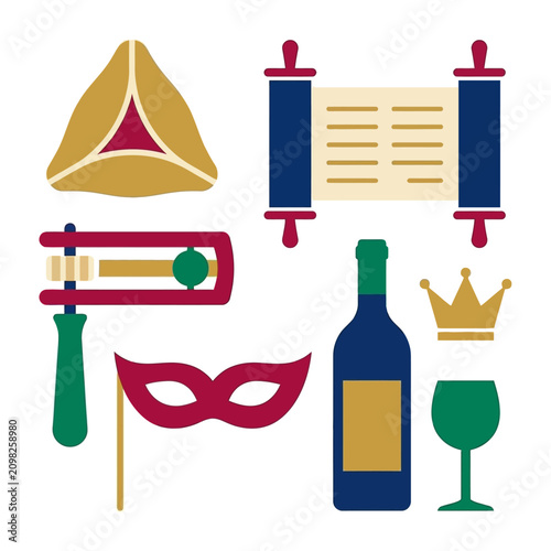 A collection of colorful Purim holiday symbols on a white background