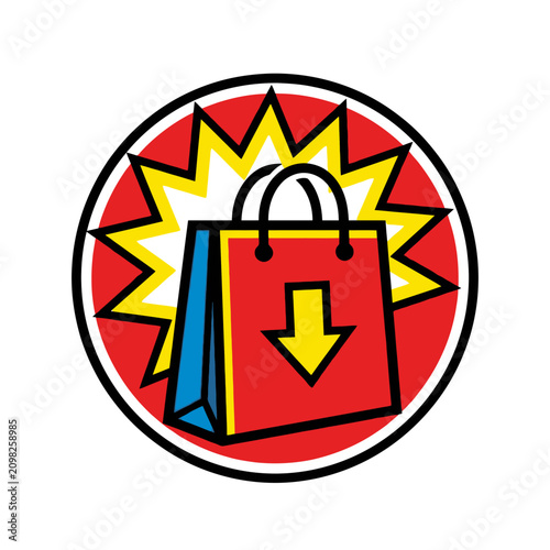 A colorful pop art style icon of a shopping bag with a down arrow