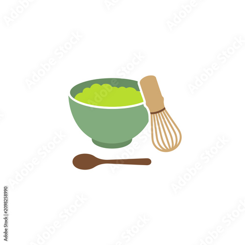 A simple illustration of a matcha green tea bowl with a whisk and spoon